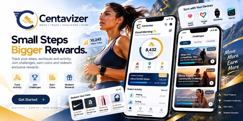 Centavizer fitness rewards app with activity tracking, fitness challenges, wearable synchronization, and rewards redemption.