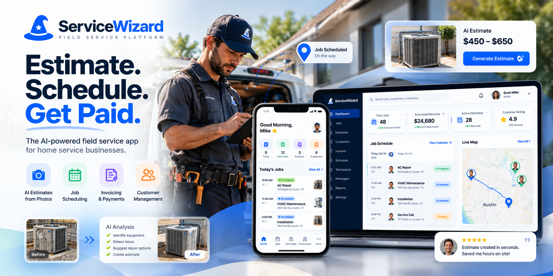 ServiceWizard field service management app featuring job scheduling, AI-powered estimates, invoicing, and business CRM.