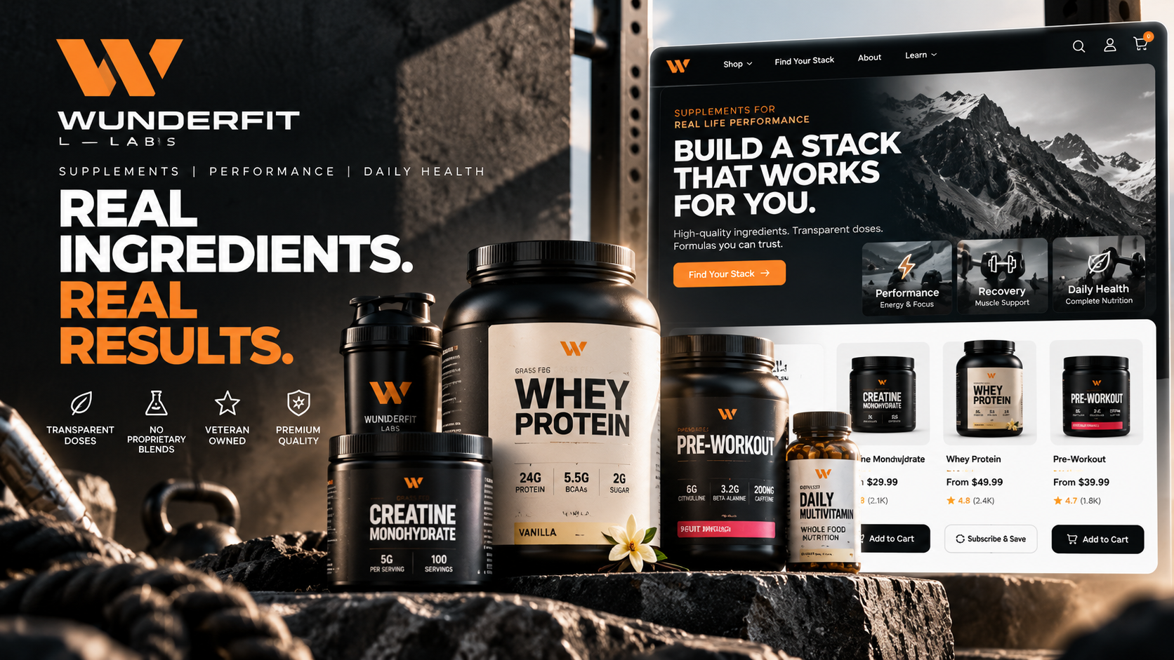 WunderFit Labs supplement ecommerce with performance nutrition products and modern Shopify storefront.