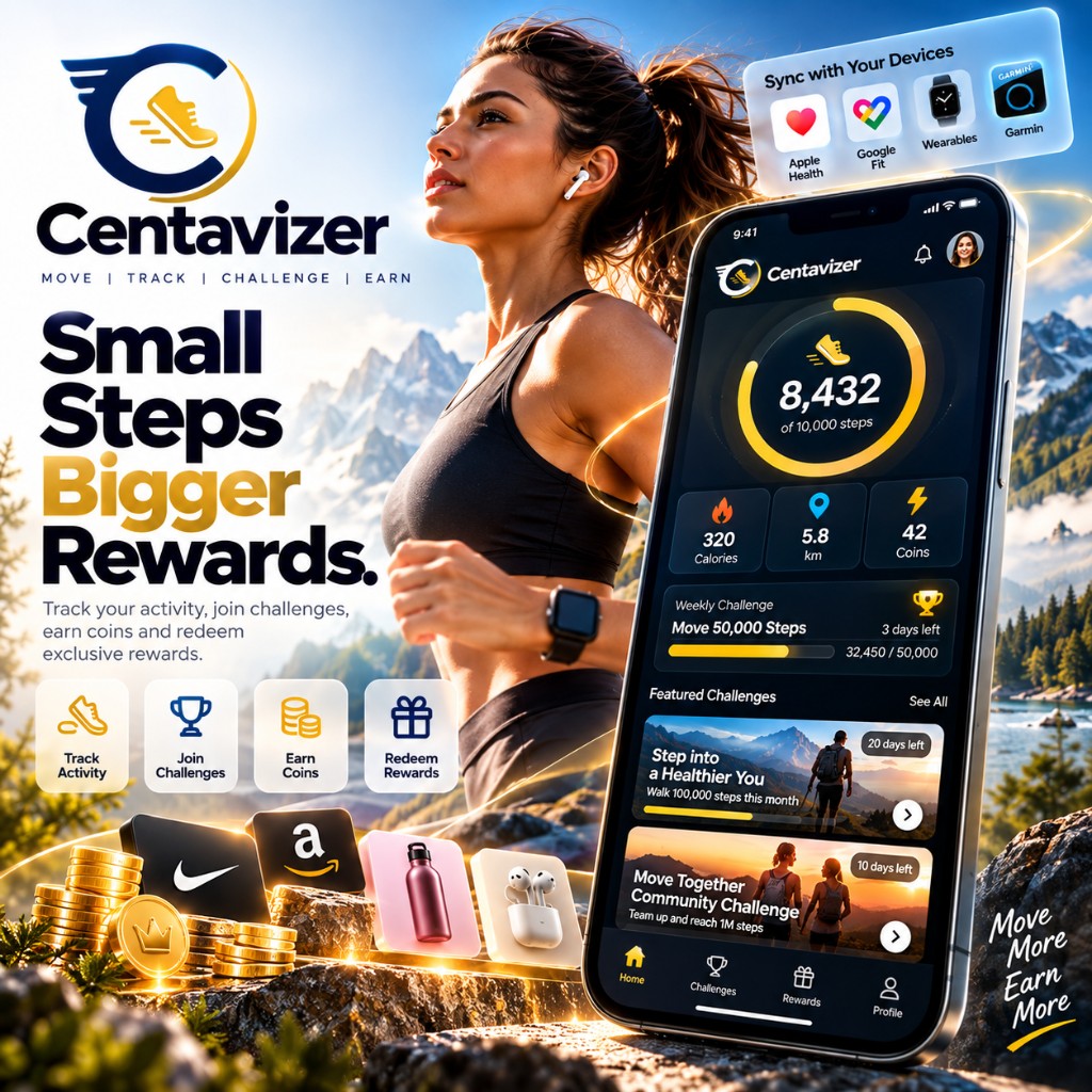 Centavizer mobile fitness app showcasing step tracking, activity leaderboards, challenges, and Centz rewards.