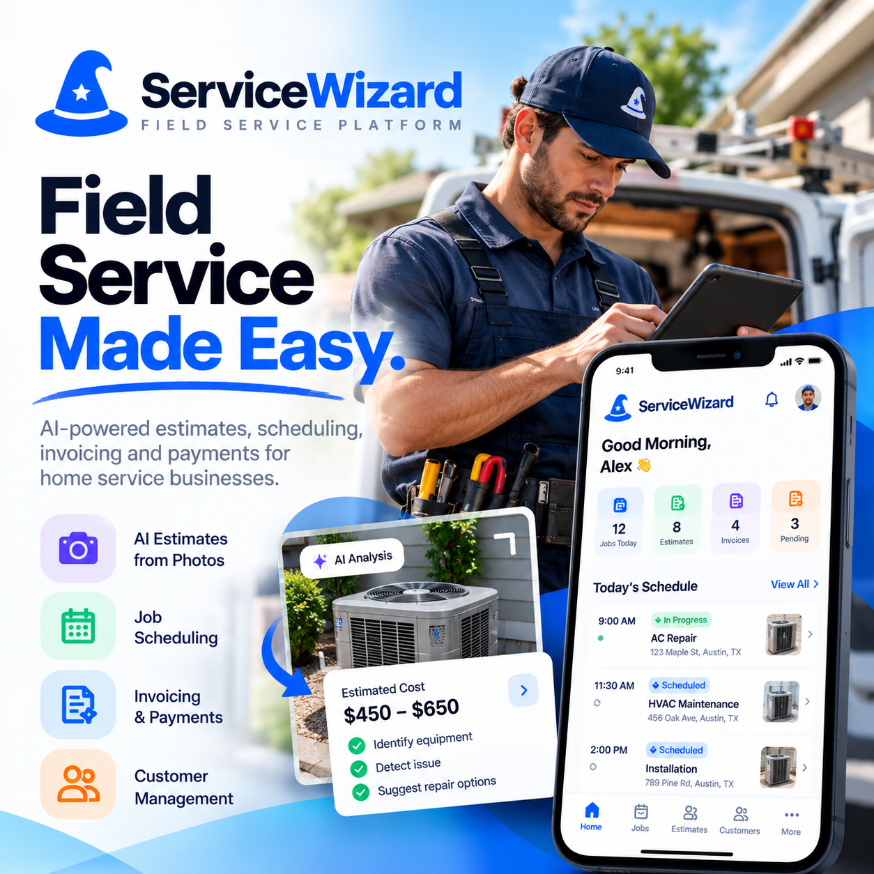 ServiceWizard mobile field service app for customer management, contractor scheduling, estimates, and payments.