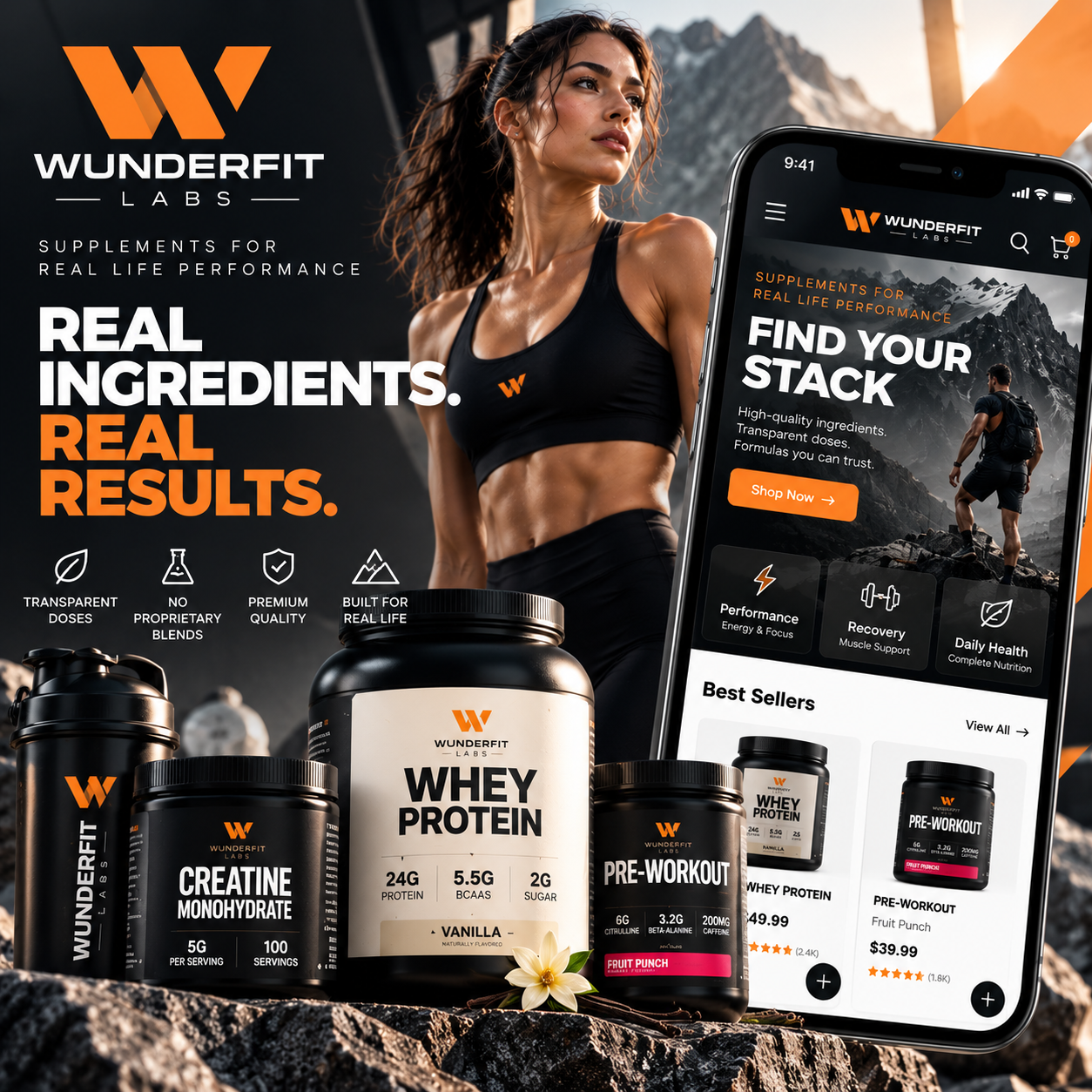 WunderFit Labs mobile storefront and premium sports nutrition packaging.